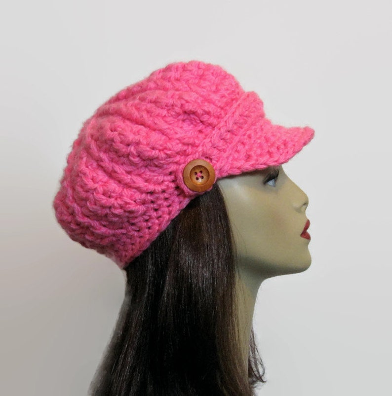 Pink Newsboy Crochet Newsboy Hat Bright Pink Hat with Visor Adult Newsboy Pink Cap Crochet Newsboy knit Cap with Buttons image 2