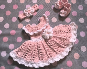 Light Pink Baby Girl Dress Pink Baby Outfit Crochet Toddler Dress Set Newborn Baby Dress  Baby Knit Dress and Headband Pink Baby Girl Dress