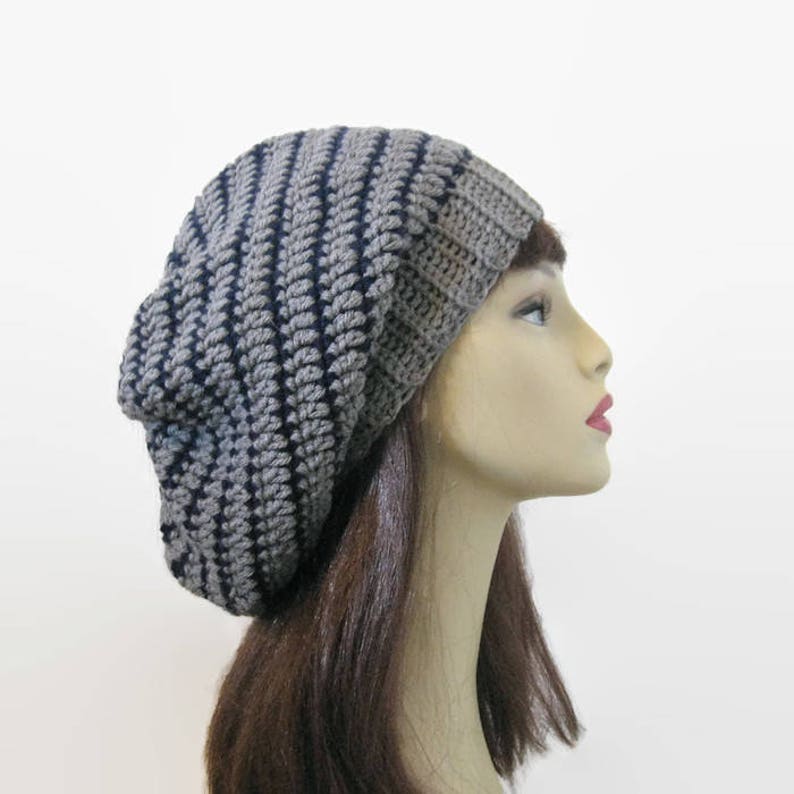 Crochet Slouchy Hat Gray Knit Beanie Gray Blue Striped Slouchy Hat Gray Beret Gray Slouchy Tam Gray Crochet women's Hat Gray Beanie Knit Tam image 1