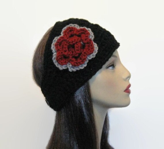 Crochet Headband Black Knit Headband With Flower Wide Head  display picture 2