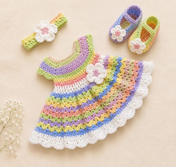 pink and green crochet dress Baby Girl Set Rainbow Newborn Baby Dress Toddler Dress Baby Knit Dress Headband Multicolor Baby Girl Dress vintage 1940