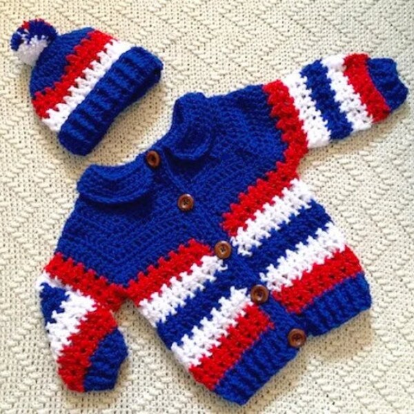 Crochet Baby Sweaterand Hat Football jacket Baby Basketball Sweater Knit Ice Hockey sweater sport sweater baby Baseball  blue red sweater