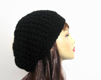 Black Slouchy Beanie Black Crochet Slouch Black knit Beanie Black Slouch Hat Black Knit hat Black slouch beret Crochet women's hat Black Tam