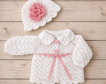 Crochet White Baby Sweater Set Knit Baby Girl Cardigan and Hat newborn Baby Sweater Hat Set Toddler sweater Baby Jacket baby shower gift