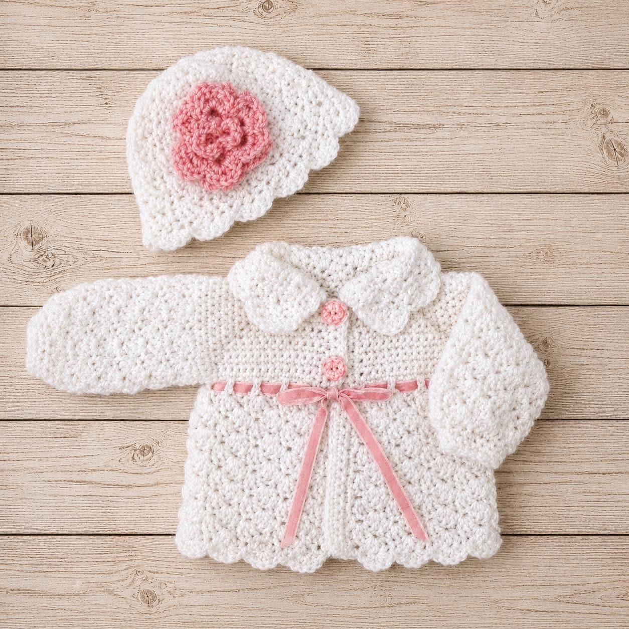 Crochet White Baby Sweater Set Knit Baby Girl Cardigan and Hat