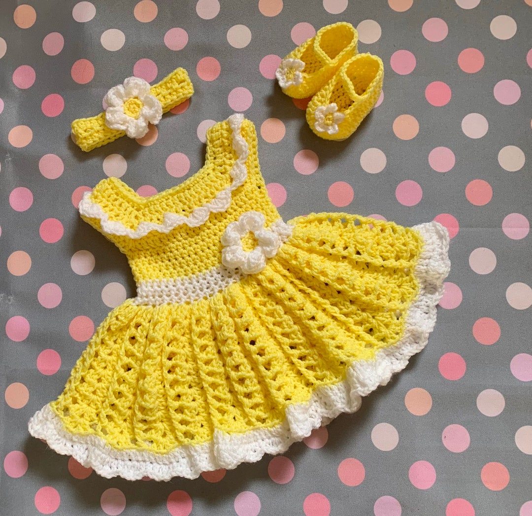 Crochet Yellow Baby Girl Dress Light Yellow Baby Dress Set Newborn Baby