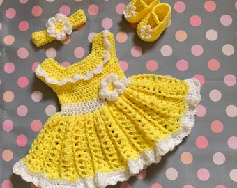 Crochet Yellow Baby Girl Dress Light Yellow  Baby Dress Set Newborn Baby Dress Baby Dress Set Toddler Dress Set Baby Knit Dress and Headband