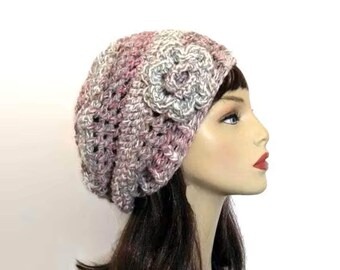 Pink Grey Slouchy Hat with Flower Gray Tweed Slouch Beanie Crochet Multicolor Beanie with Flower Pink and Gray Beanie crochet women's hat