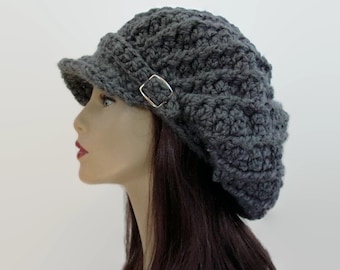 Gray Crochet newsboy hat with buckle dreadlocks hat Gray rasta hat Knit newsboy Cap Oversized Hat  Slouch Cap with Visor Adult Newsboy Cap