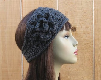 Crochet Headband Dark Gray Earwarmer with Flower Gray Knit Headband Gray Ear warmer Gray Crochet Earwarmer Dark Grey Crochet Head band