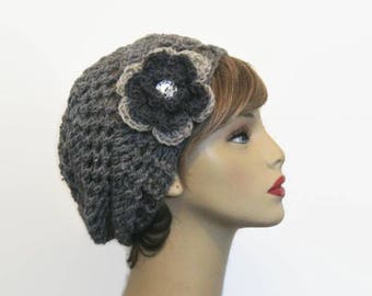 Crochet Slouchy Hat With Flower Gray Crochet Hat LIghtweight Gray Beanie Crochet Women's hat Slouchy Beret Charcoal Hat Gray knit Beanie