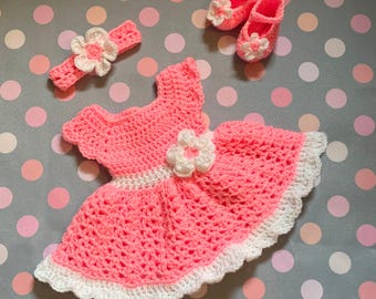 Baby Dress  Pink Crochet Baby  Dress Set Newborn  Pink Toddler Dress  Baby Girl Dress Set Baby Knit Dress and Headband Pink Baby Girl Dress