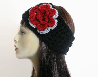 Crochet headband with Flower Black Thick Headband with Flower Black Head Wrap Black Ear Warmer Black Black Knit Head Band with Flower