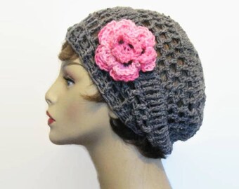 Gray Crochet Slouchy Hat with Flower Gray Knit Beanie with flower Crochet Women's hat Slouch Beret Gray Tweed Beanie Womens Crochet Hat