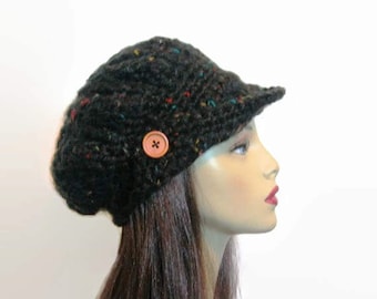 Slouch News boy Cap Black Tweed NewsBoy Knit Tweed Beanie with Brim Slouchy Hat with Visor and Black Crochet Beret Black Tweed Crochet Tam
