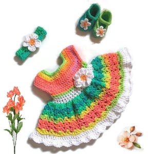 Green Pink Crochet Baby Dress Set Newborn Baby Dress MulticolorToddler Dress Baby Girl Dress Set Baby Knit Dress Headband  Baby Girl Dress