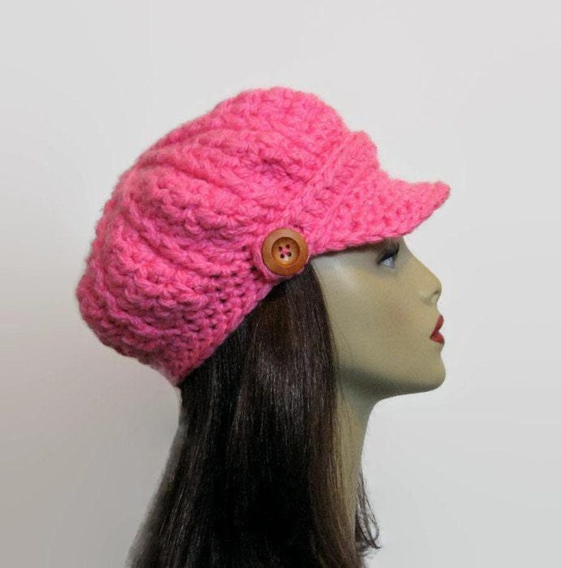 Pink Newsboy Crochet Newsboy Hat Bright Pink Hat with Visor Adult Newsboy Pink Cap Crochet Newsboy knit Cap with Buttons image 2