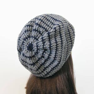 Crochet Slouchy Hat Gray Knit Beanie Gray Blue Striped Slouchy Hat Gray Beret Gray Slouchy Tam Gray Crochet women's Hat Gray Beanie Knit Tam image 5