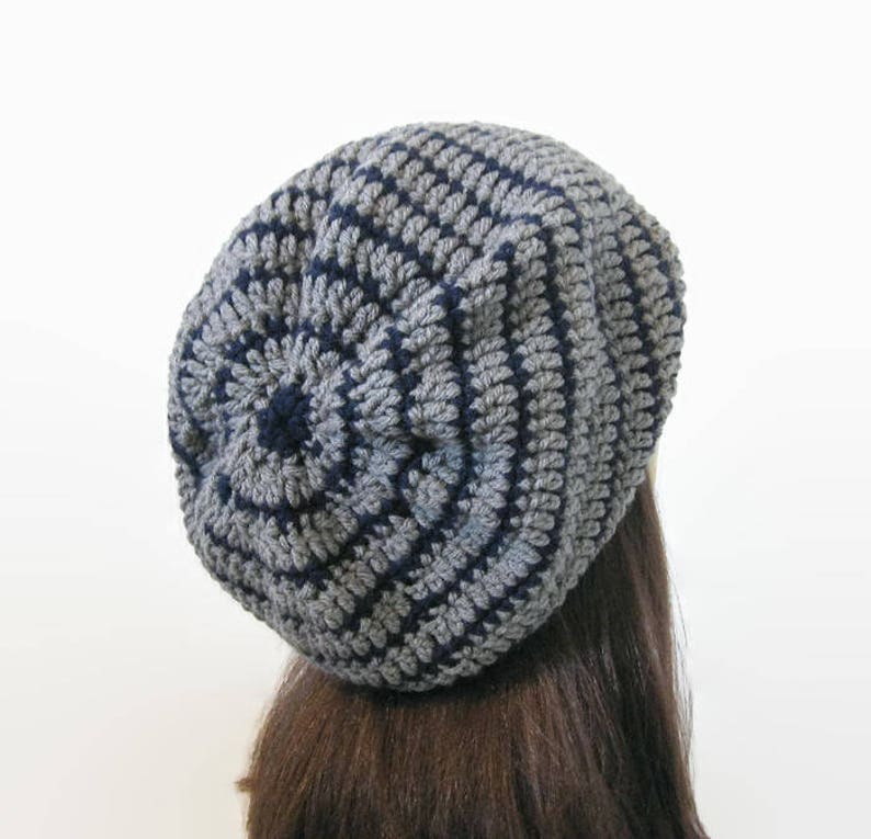 Crochet Slouchy Hat Gray Knit Beanie Gray Blue Striped Slouchy Hat Gray Beret Gray Slouchy Tam Gray Crochet women's Hat Gray Beanie Knit Tam image 5