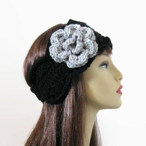 Crochet Headband with Gray flower Black earwarmer black ear warmer crochet headband Black Head band Black knit Hair wrap crochet head band