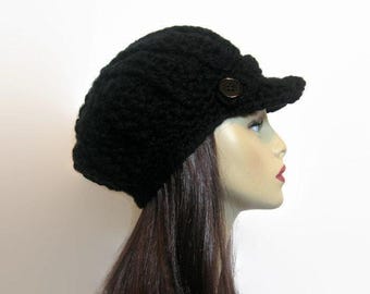 Black Newsboy Hat Crochet Newsboy Hat Black Hat with Visor Adult Newsboy Black Cap Crochet News boy Black Hat with Visor Black knit Hat