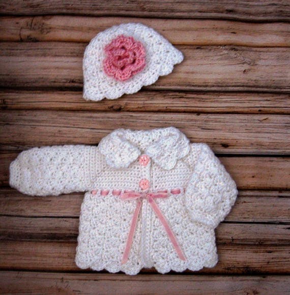 Crochet White Baby Sweater Set Knit Baby Girl Cardigan and Hat White Crochet  Newborn Baby Sweater Hat Set Toddler Sweater Baby Jacket 