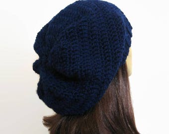 Navy Blue Crochet Slouchy Hat Oversized knit Slouch Hat Dark Blue Slouch hat crochet women's hat Blue Knit oversize Tam Oversize  Beanie