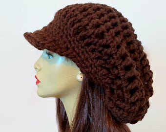 Dark Brown knit Hat Brown Slouch Newsboy Hat Crochet Dreadlocks Hat with visor   with Brim Slouchy oversized newsboy hat Adult newsboy cap