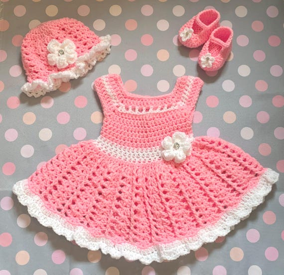 Crochet Baby Dress Baby Dress Pink Set Newborn Toddler Dress Baby Girl Dress Set Baby Knit Dress and Hat and Shoes Pink Baby Girl Dress