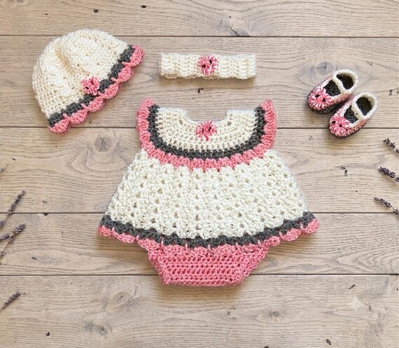 Baby Girl Dress Set Pink Layette Set Crochet Baby Dress Knit Baby Dress Crochet Infant Dress Newborn Dress Baby Shower Gift Preemie Clothing