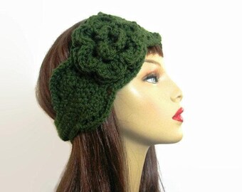 Serre-tête au crochet avec fleur vert serre-tête cache-oreilles vert forêt en tricot cache-oreilles vert forêt cache-oreilles au crochet