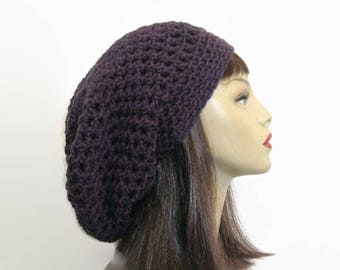 Slouch Beanie Dark Purple Crochet Hat Dreadlocks Beanie Crochet Purple Hat Knit Slouch Cap Women Slouchy Tam Oversized Beanie  Rasta Hat