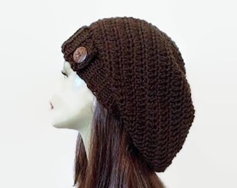 Brown Slouch Hat with button Dark Brown Beanie Chocolate Crochet Women's hat Slouch knit Tam Slouchy Beanie Dark Brown Hat Slouch Beanie