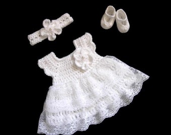 White Baby Dress Set Baby Girl Christening Set  Crochet Baby Blessing Dress Set White Baptism Baby Dress Set newborn Knit Baby Girl Dress