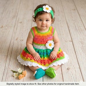 Green Pink Crochet Baby Dress Set Newborn Baby Dress Multicolor Toddler Dress Baby Shower Gift Set Baby Knit Dress Headband Baby Shower Gift