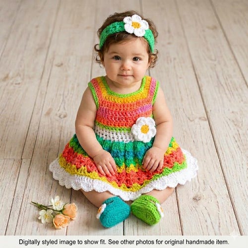 Green Pink Crochet Baby Dress Set Newborn Baby Dress Multicolor Toddler Dress Baby Shower Gift Set Baby Knit Dress Headband Baby Shower Gift