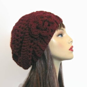 Burgundy Slouch Beanie with Flower Wine Slouch Beanie Burgundy Cap Dark Red Crochet Cap Red Knit Beret Slouchy Women Hat Burgundy slouch tam