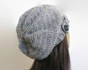 Light Gray Slouchy Hat With Button Gray Knit Beanie Silver  display picture 1
