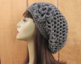 Gray Slouchy Hat with flower Crochet Beanie women's crochet hat Gray slouchy Knit Beret Gray Hat Crochet Slouchy Hat Gray slouch beanie