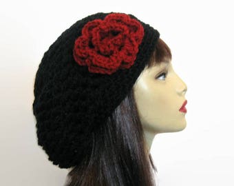 Black Slouch Beanie with Flower  Black Slouchy Hat crochet women's hat with Flower Black Slouch Tam Black slouchy Beret  Black Slouchy Hat