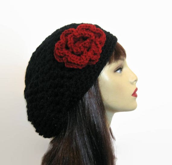 New Custom Designed Black Knit Slouchy Beanie with Black Half Moon with Flowers Spiral beanie pattern using pink and black yarn main image 3