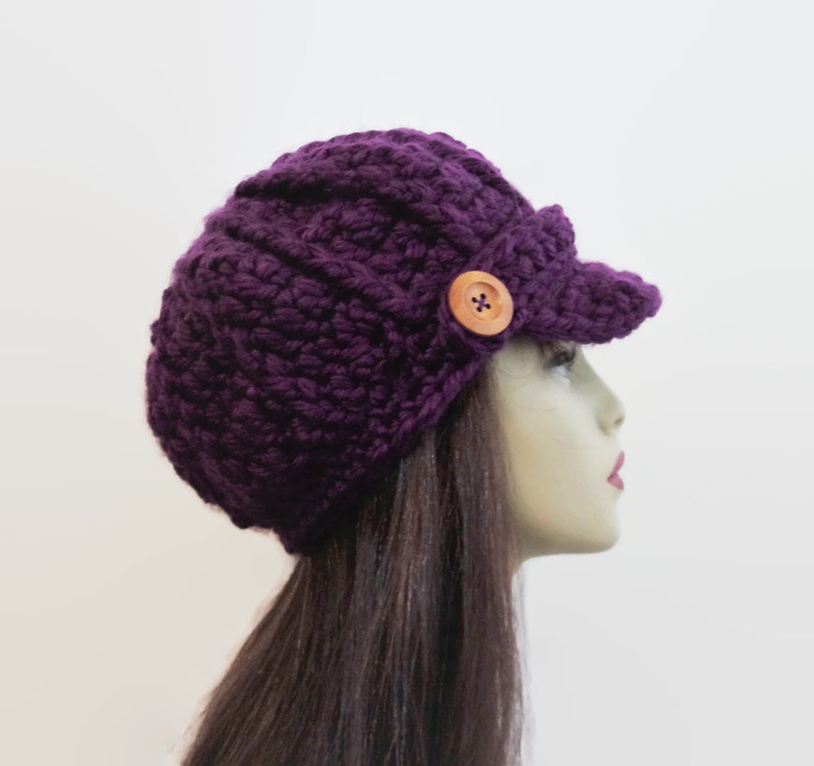 Purple Newsboy Hat Purple Knit Newsboy Dark Purple Crochet Cap Etsy