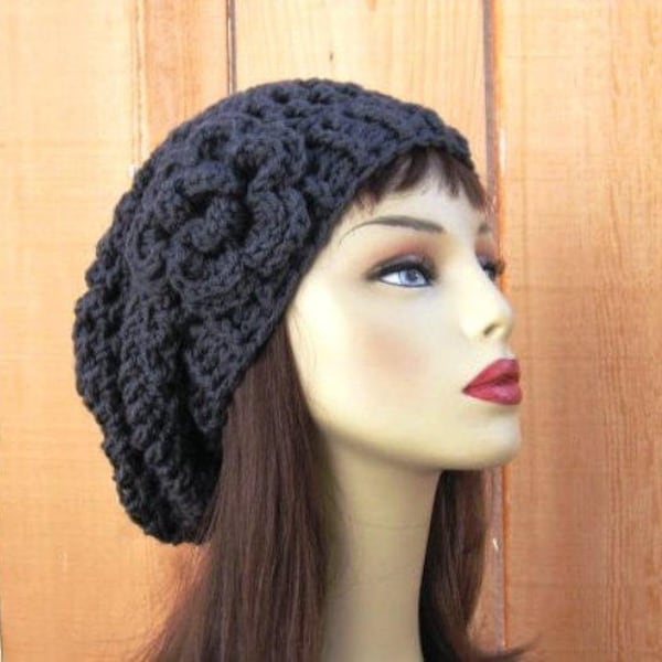 Gray Crochet Slouch Hat Dark Gray knit Beanie With Flower Crochet Grey Cap Charcoal Slouch Tam Crochet Women's hat  Gray Tam Dark Grey beret