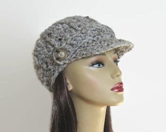 Crochet Newsboy Hat Adult Gray Cap with Visor Grey Tweed Hat with Visor Knit Hat Gray Adult Hat with Brim Gray Hat with visor Tweed Newsboy