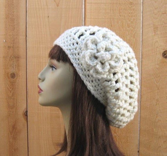 Cream Slouchy Hat Knit Cream Slouch Hat Beanie With Flower  display picture 2
