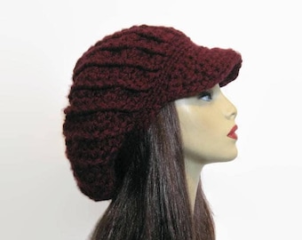 Crochet newsboy hat Burgundy dreadlocks hat Dark Red rasta hat Knit Wine Slouchy newsboy Cap Oversized Hat Maroon Newsboy Hat with Visor