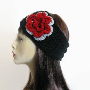 Crochet headband with Flower Black Thick Headband with Flower Black Head Wrap Black Ear Warmer Black Black Knit Head Band with Flower