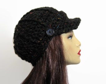 Crochet Newsboy Hat Black Tweed knit NewsBoy Black Tweed Beanie with Brim Black Hat with Visor and Black Crochet Hat Black Tweed Crochet Cap