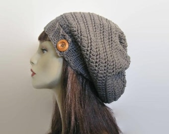 Created by Cyd Womens Crochet Slouchy Beanie‎ Taupe Merino Wool Knit Hat NEW Crochet Taupe Slouchy Hat With Button Taupe Slouch Beanie  main image 2