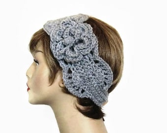 Diadema de ganchillo gris para mujer con flor Banda para la cabeza gris Diadema plateada Calentador de orejas gris Tejido Calentador de orejas Diadema gris plateada Diadema gris